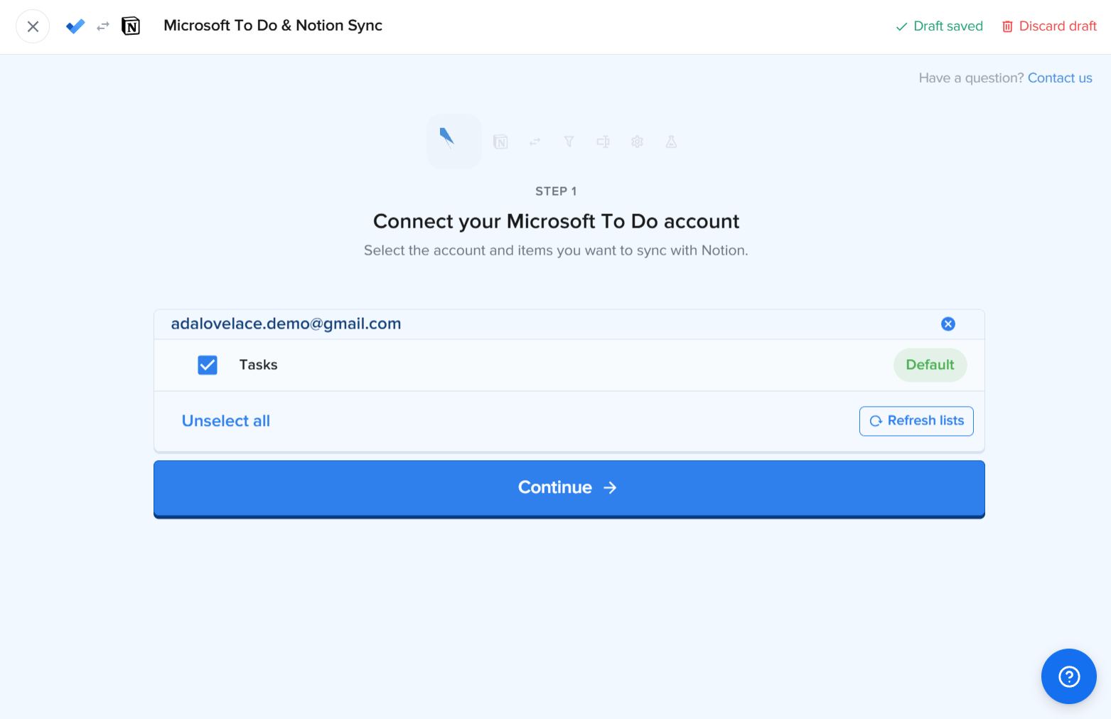 Schritt 1 der 2sync-Einrichtung mit verbundenem Microsoft-Konto und angehakter Liste Tasks, die ein grünes Default-Abzeichen trägt, darüber die Schalter Unselect all und Refresh lists