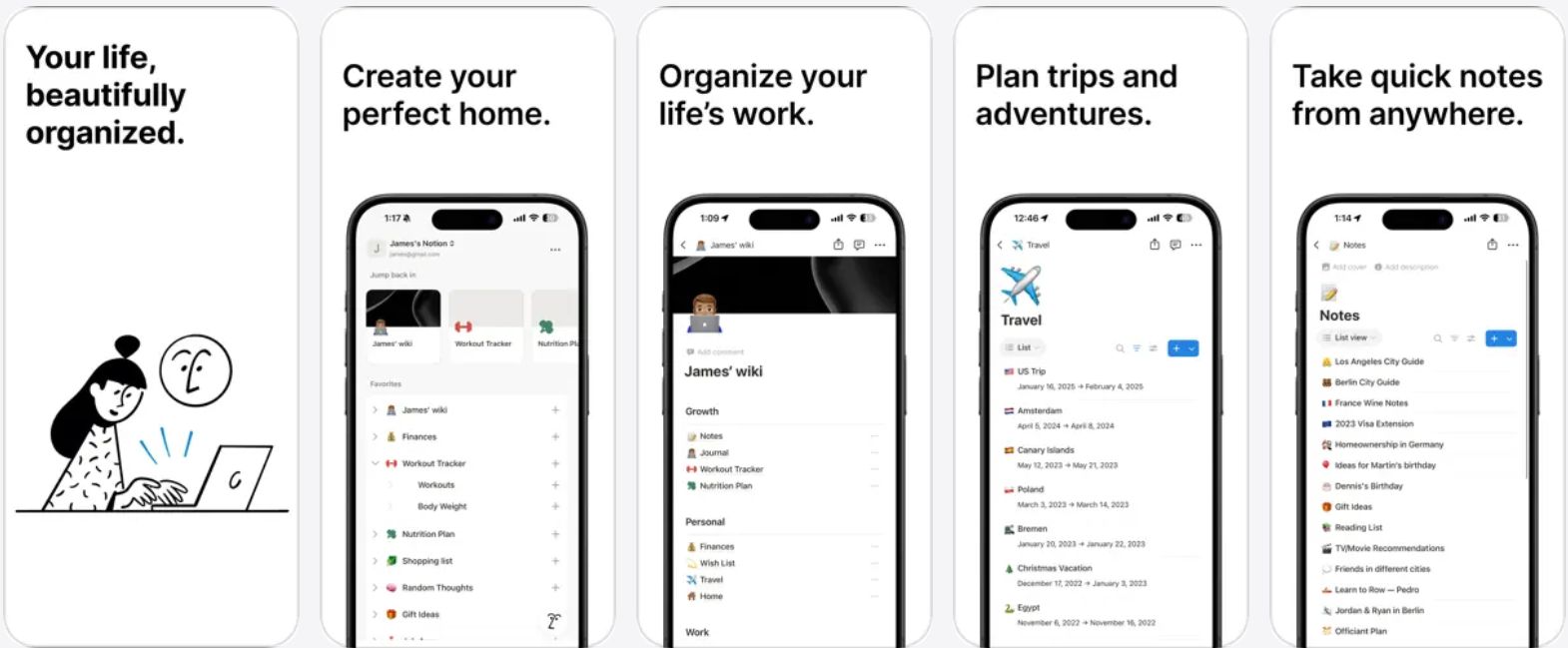 iPhone에서 Notion 앱을 보여주는 화면으로, 페이지가 있는 워크스페이스와 습관을 추적하기 위한 데이터베이스 레이아웃이 표시되어 있습니다.