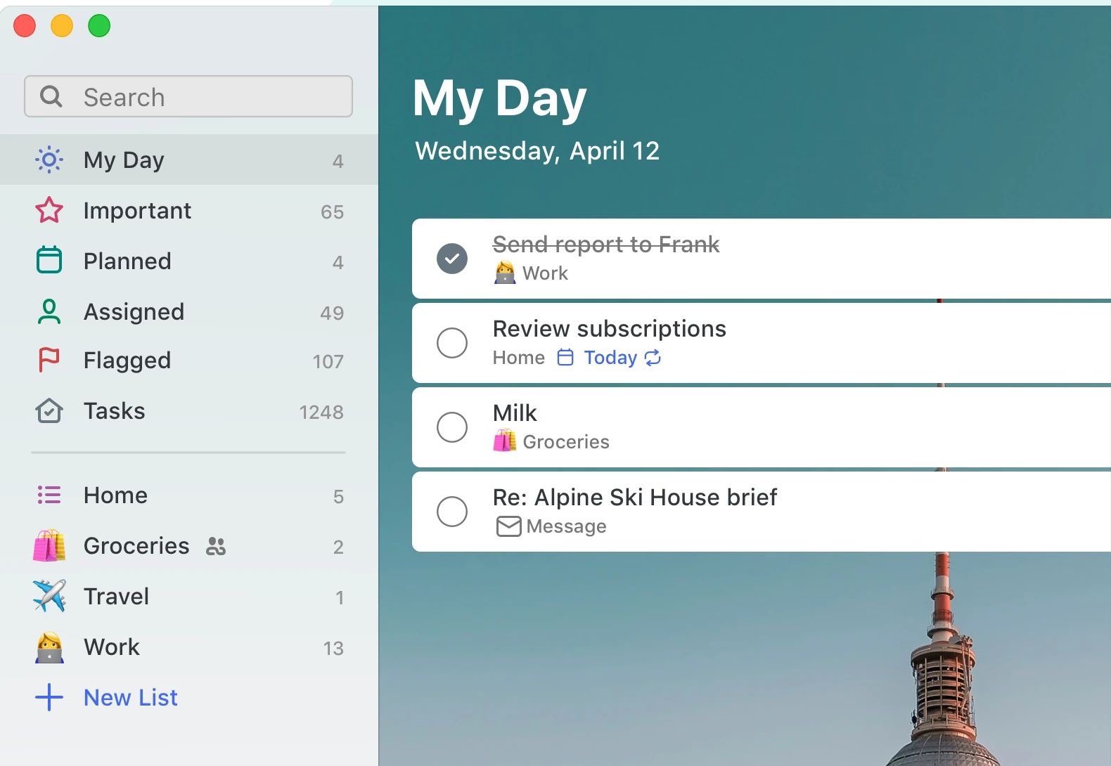Microsoft To Do for Mac with My Day open: four tasks for the day, one completed, next to the sidebar with Important, Planned, Assigned, Flagged, Tasks and personal lists