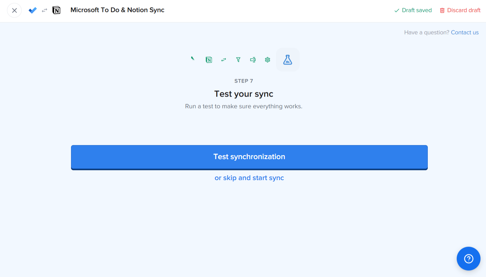 Schritt 7 in 2sync mit der Schaltfläche Test synchronization über einem Link, der den Test überspringt und die Synchronisation startet