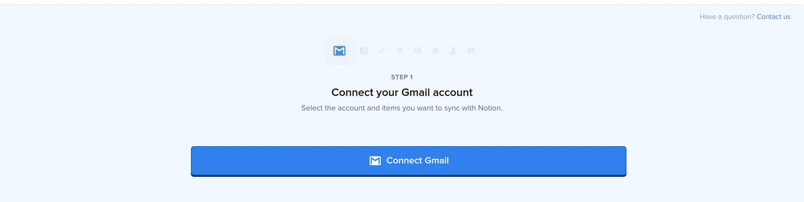 2sync automation setup showing step 1, Connect your Gmail account, with a blue Connect Gmail button