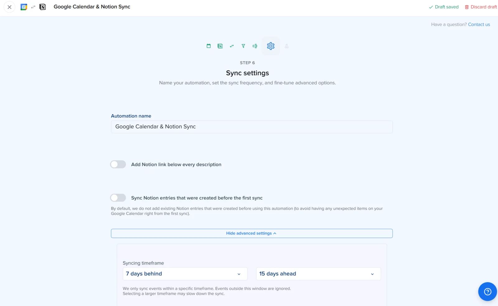 Screenshot of the 2sync wizard advanced settings where the user names the automation, toggles options, opens Show advanced settings, and clicks Continue to test synchronization.