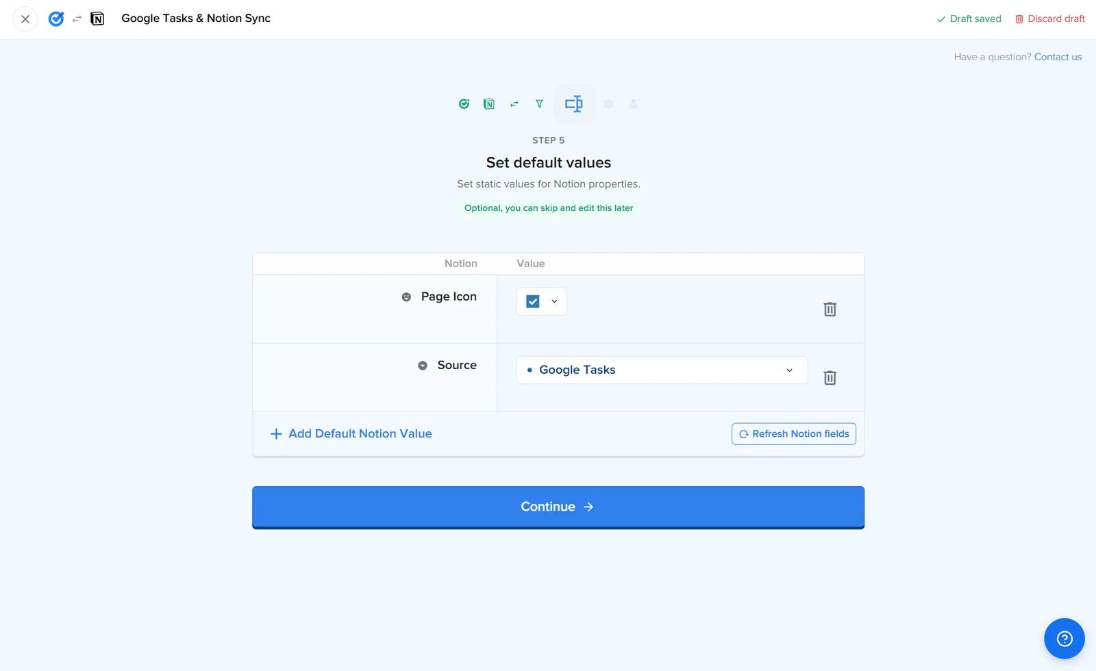 2sync Step 5 Set default values screen for the Google Tasks automation: a Notion column and a Value column, Page Icon set to a checkmark glyph, Source set to Google Tasks, and a + Add Default Notion Value button.