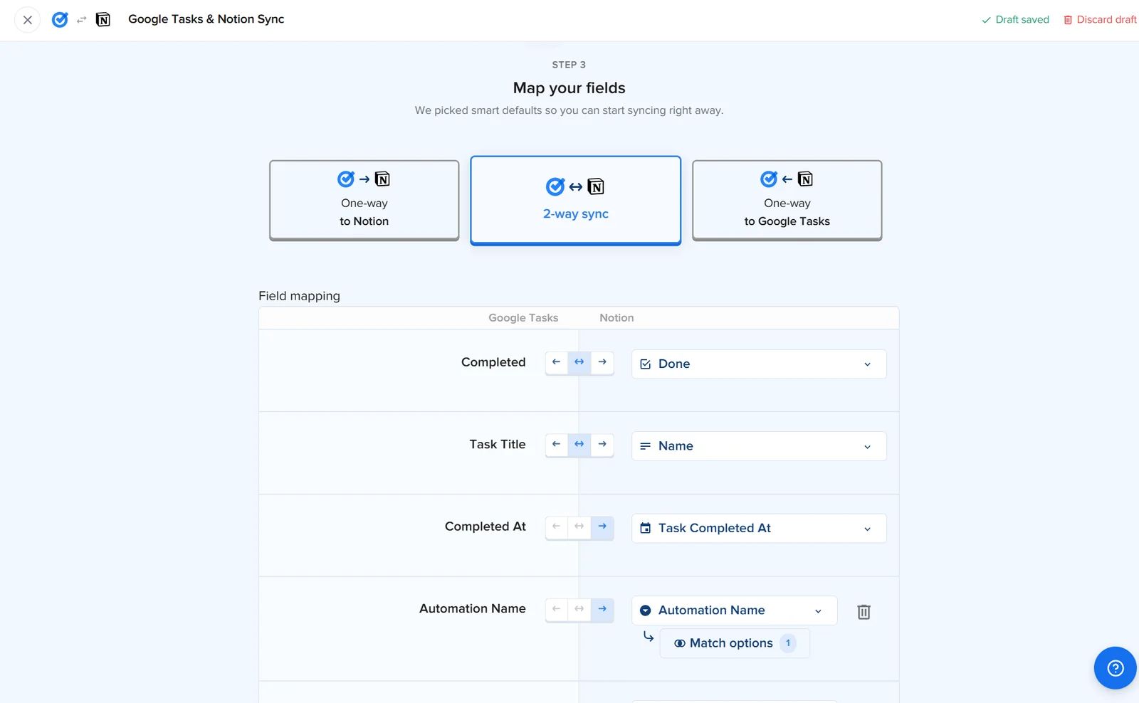 2sync field mapping screen for the Google Tasks automation: Map your fields heading, 2-way sync selected from three direction options, and a Field mapping table with Completed mapped to Done, Task Title mapped to Name, Completed At mapped to Task Completed At, and Automation Name mapped to Automation Name with directional arrows.