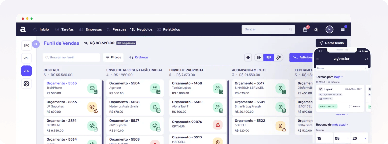 Funil de vendas do Agendor com cartões de orçamento por etapa e o aplicativo de celular ao lado