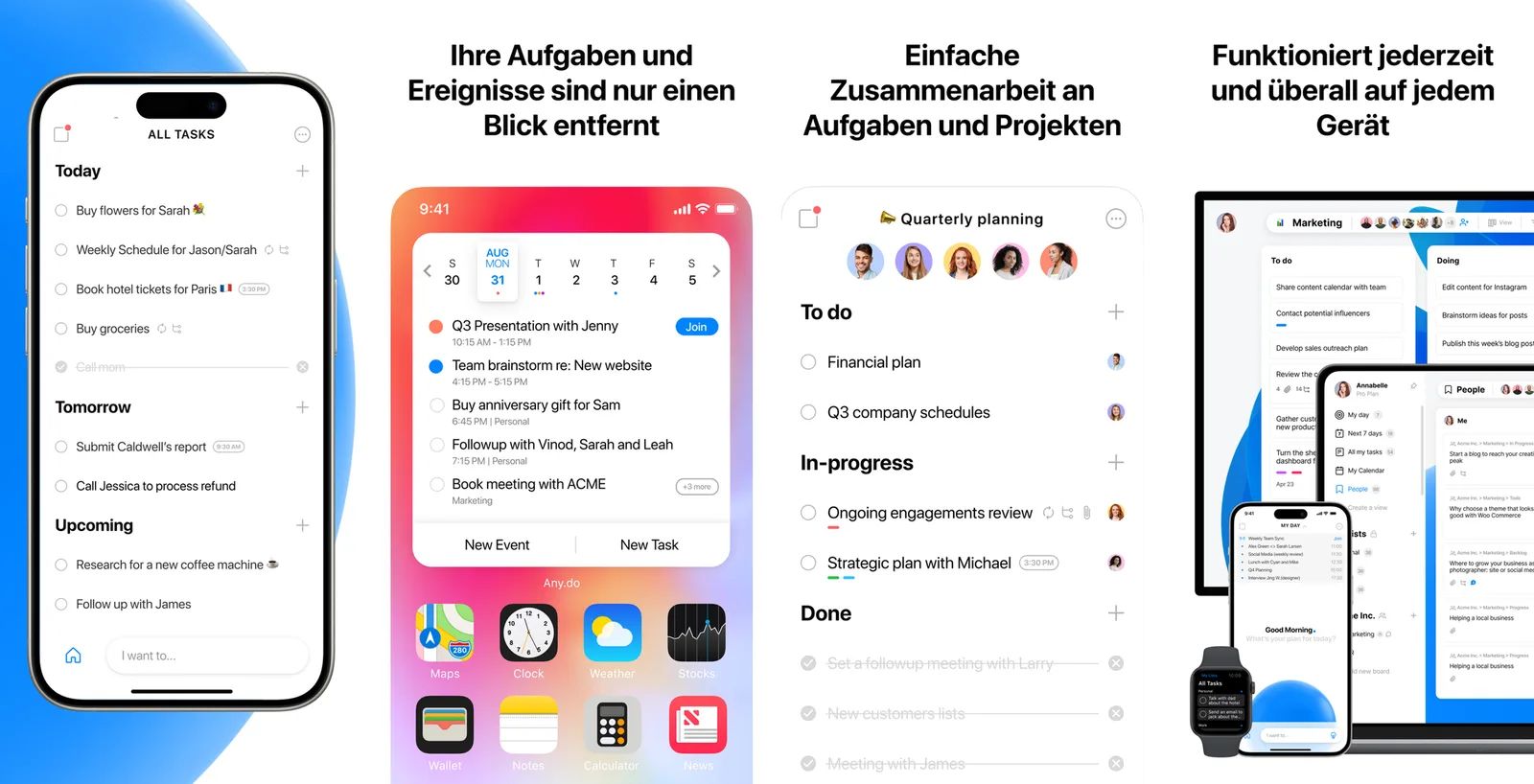 Vier Ansichten von Any.do: die Liste aller Aufgaben, ein Kalender-Widget auf dem iPhone, ein Projekt-Board und die App auf mehreren Geräten