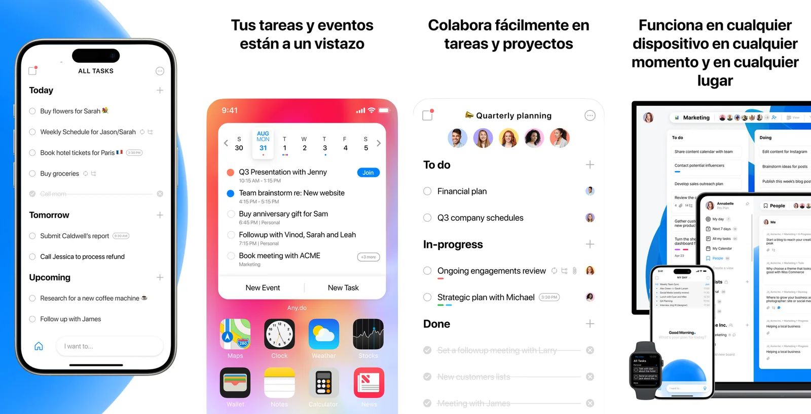 Cuatro pantallas de Any.do: la lista de todas las tareas, un widget de calendario en el iPhone, un tablero de proyecto y la aplicación en varios dispositivos