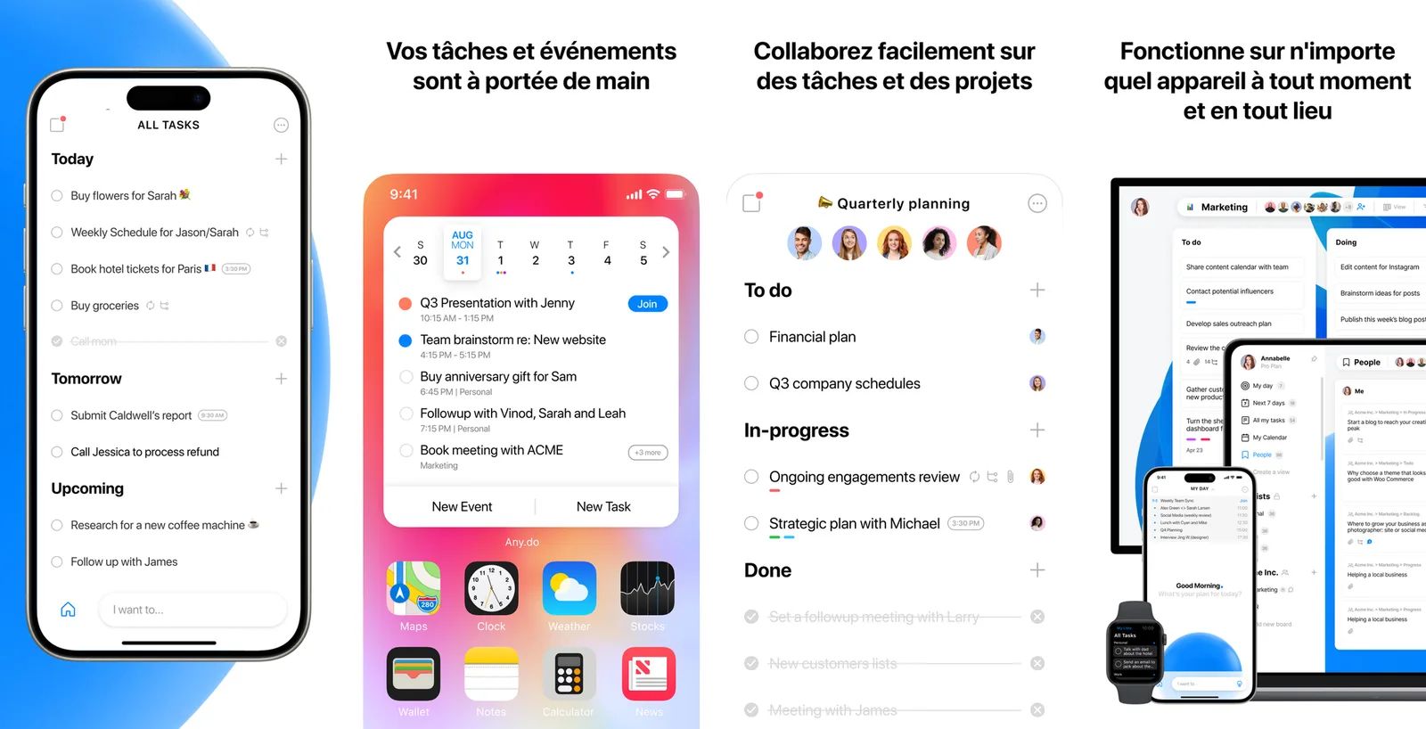 Quatre écrans d’Any.do : liste de toutes les tâches, widget de calendrier sur l’écran d’accueil de l’iPhone, tableau de projet et application sur plusieurs appareils
