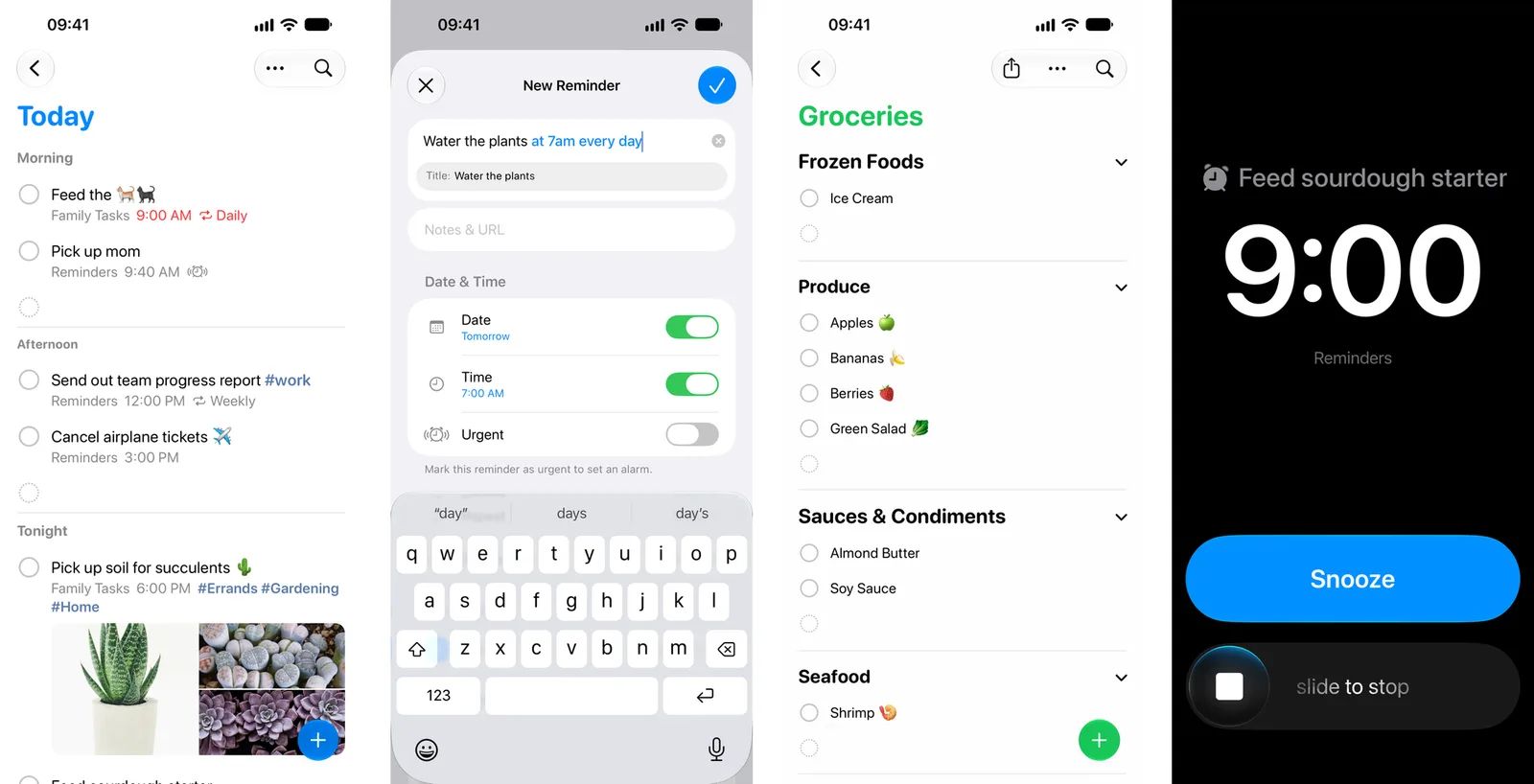 Cuatro pantallas de Recordatorios de Apple en iOS 26: la lista Hoy, un recordatorio nuevo con fecha y hora, una lista de la compra ordenada por secciones y una alarma a pantalla completa