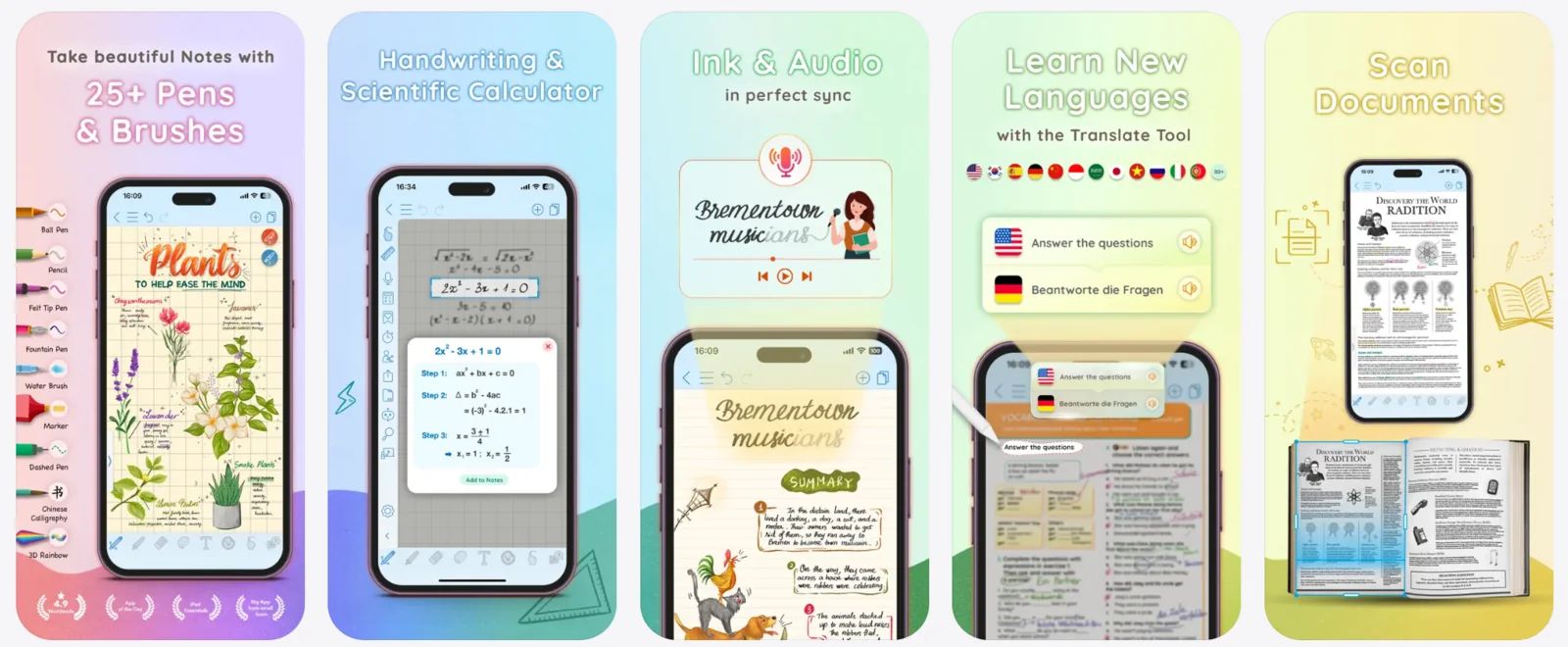 Cinq écrans de CollaNote sur iPhone : stylos et pinceaux, calculatrice scientifique, encre et audio synchronisés, traduction et numérisation de documents