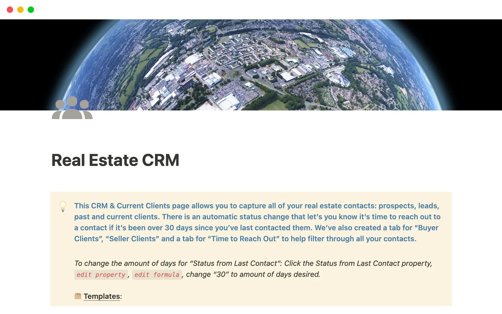 Real Estate CRM template preview showing property listings linked to client contacts and transaction timelines in Notion