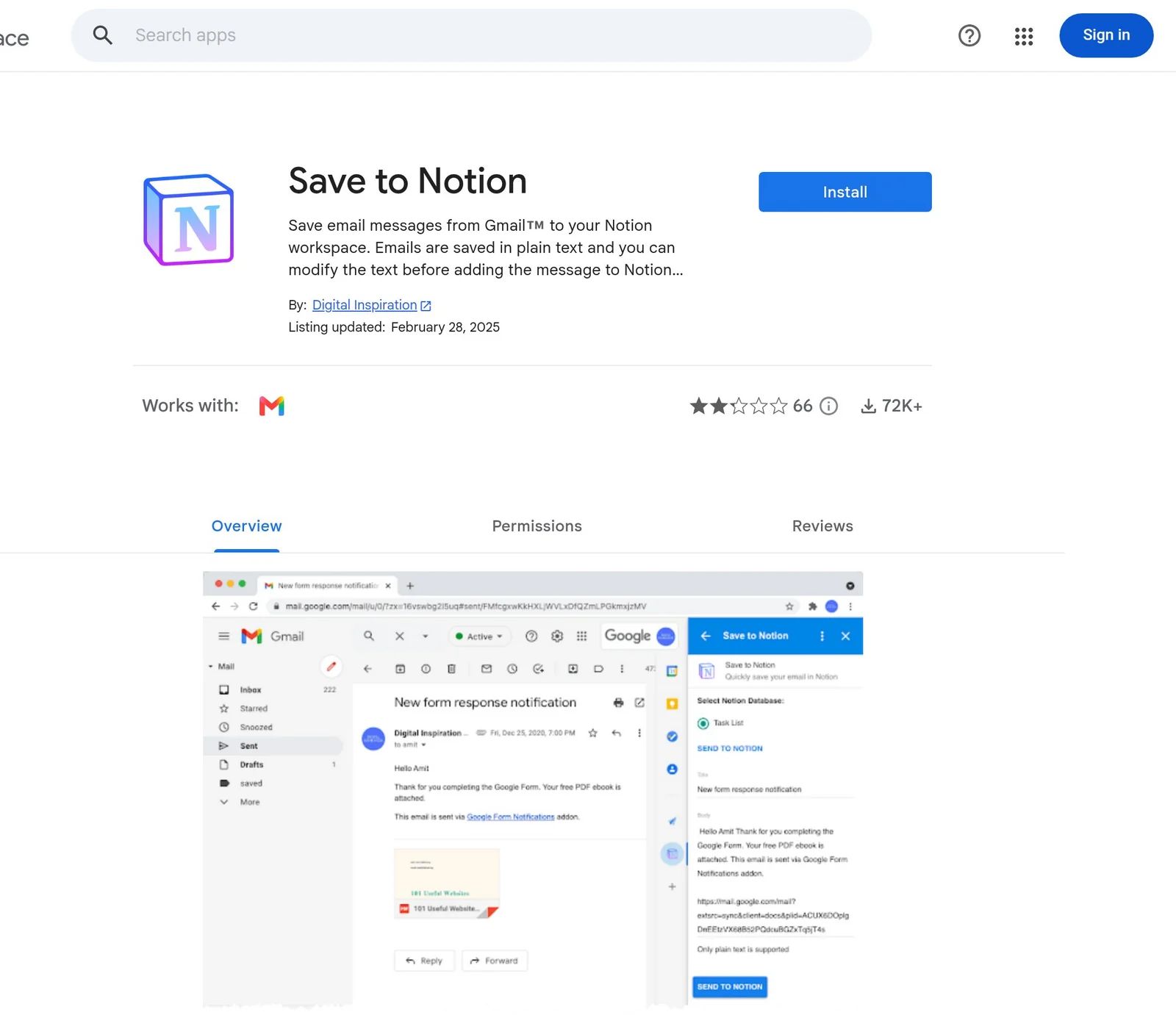Google Workspace Marketplace listing for the Save to Notion Gmail add-on, showing the Install button and a preview of the Gmail sidebar panel