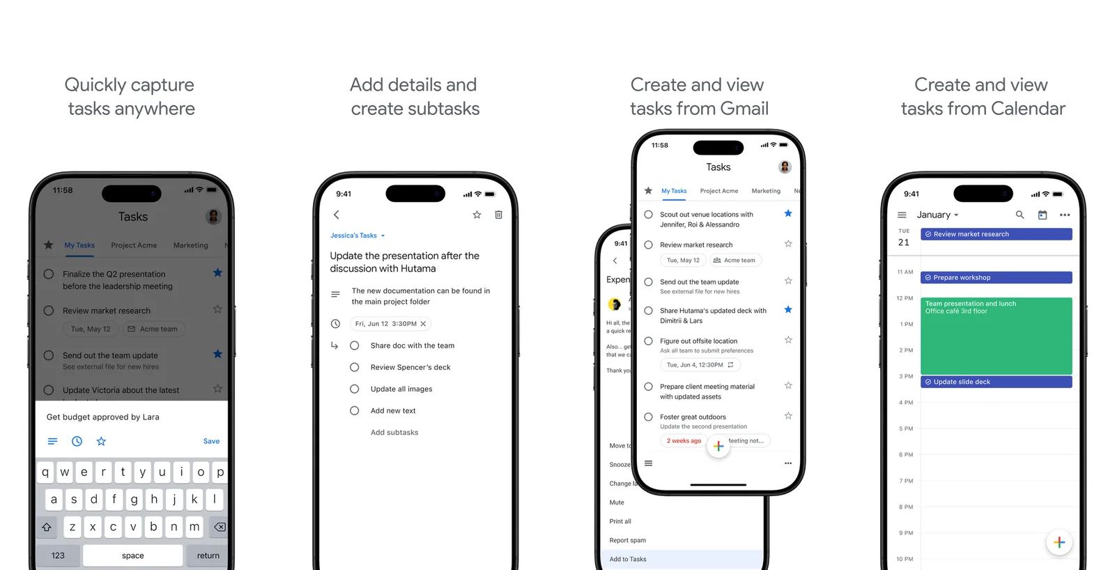 Cuatro pantallas de Google Tasks en iPhone: alta rápida de tareas, detalle de una tarea con subtareas, tareas creadas desde Gmail y tareas en Google Calendar