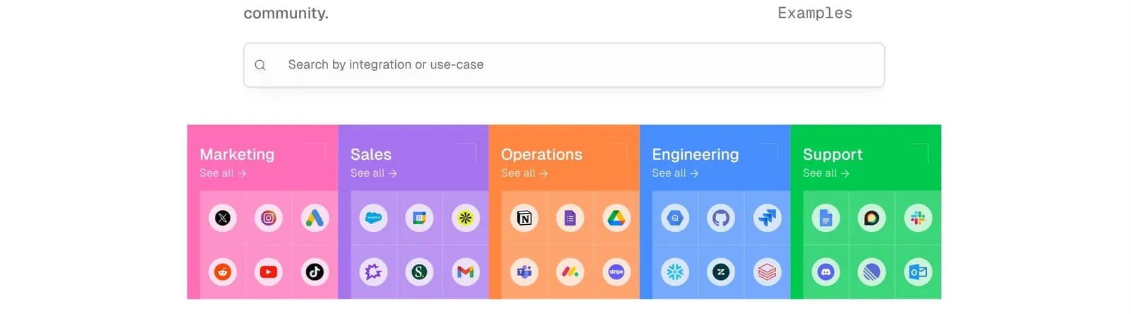 Gumloop template gallery with a search bar and categories for Marketing, Sales, Operations, Engineering and Support, each showing app icons including Gmail and Slack.