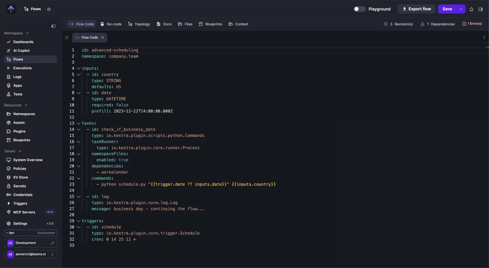 Kestra flow code editor showing a YAML flow with inputs, a Python task that checks business dates, a log task and a cron schedule trigger, with Flow Code, No-code and Topology tabs above.