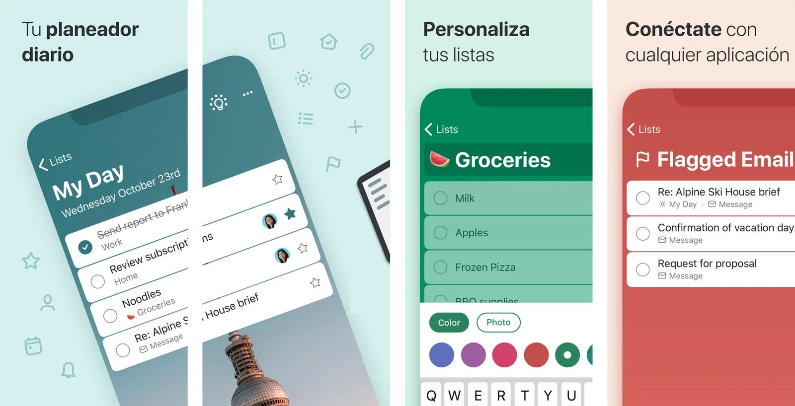 Microsoft To Do en iPhone, con la interfaz en inglés: Mi día, una lista de la compra con opciones de color y la lista de correo marcado