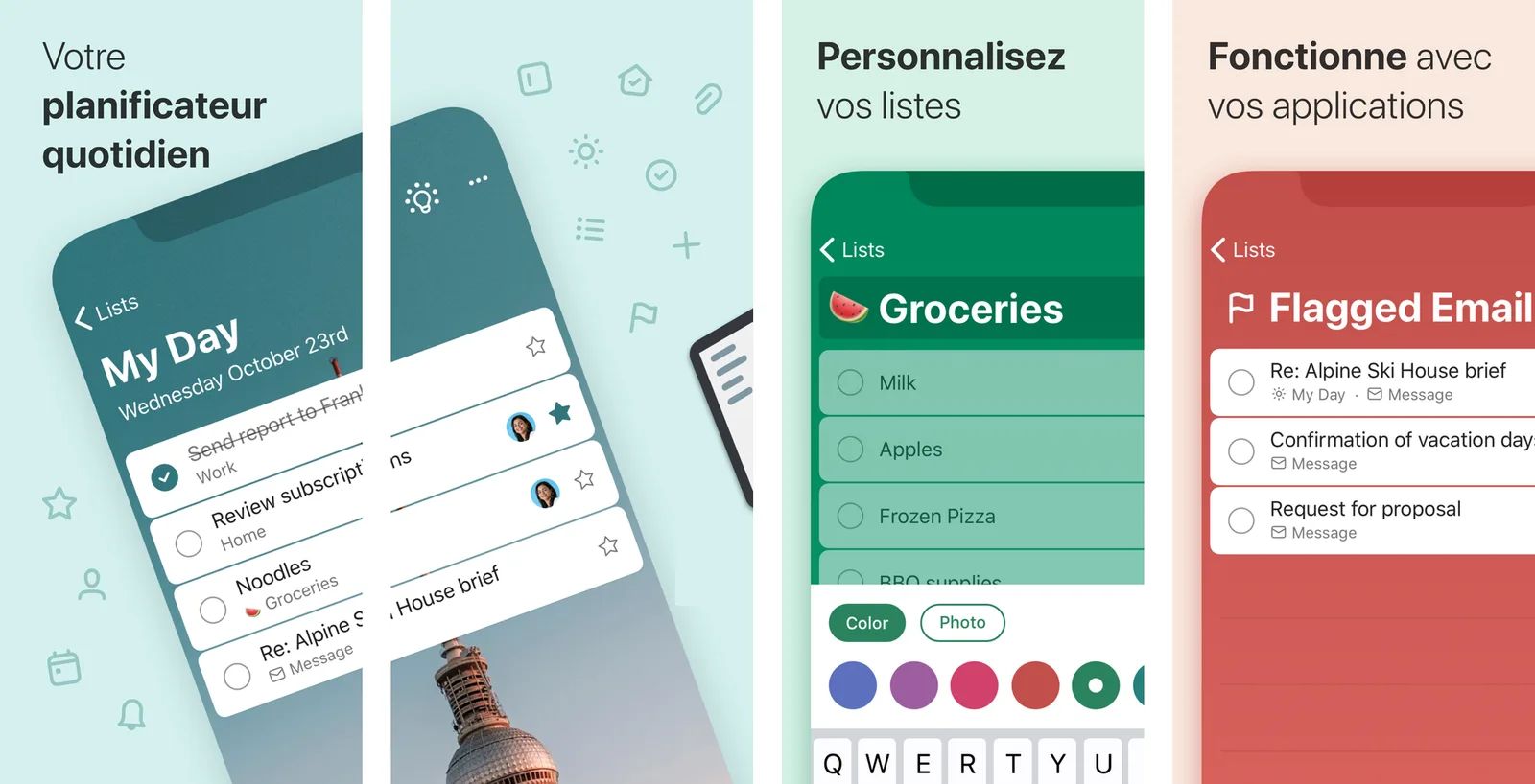 Écrans App Store de Microsoft To Do sur iPhone, titrés en français mais avec l'interface en anglais : la liste My Day, une liste Groceries avec choix de couleurs et la liste Flagged Email