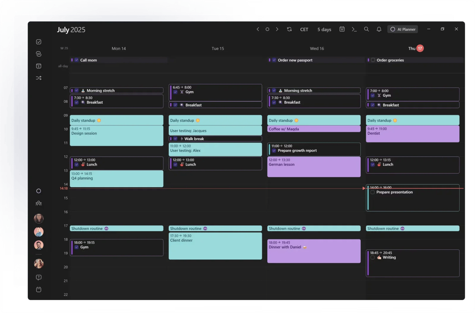 Morgen sur ordinateur en mode sombre, interface en anglais : semaine de cinq jours en juillet 2025 avec des événements de couleur venus de plusieurs agendas, des tâches à cocher calées entre les réunions et le bouton AI Planner dans la barre d'outils.