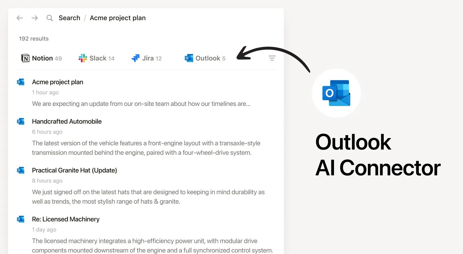 Suchergebnis der Notion-KI, das Treffer aus einem verbundenen Outlook-Postfach zeigt, darunter eine Liste der zitierten Quellen