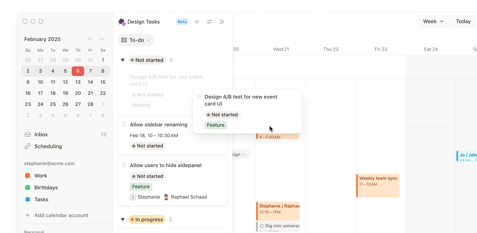Notion Calendar week view with a Design Tasks database open in a side panel grouped by status, and a task card being dragged onto the calendar grid