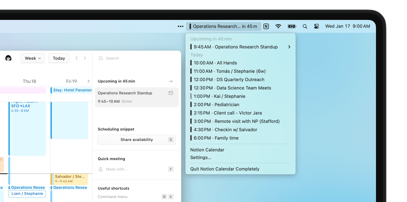 Notion Calendar's macOS menu bar dropdown listing the next meeting and the rest of the day's agenda beside the week grid
