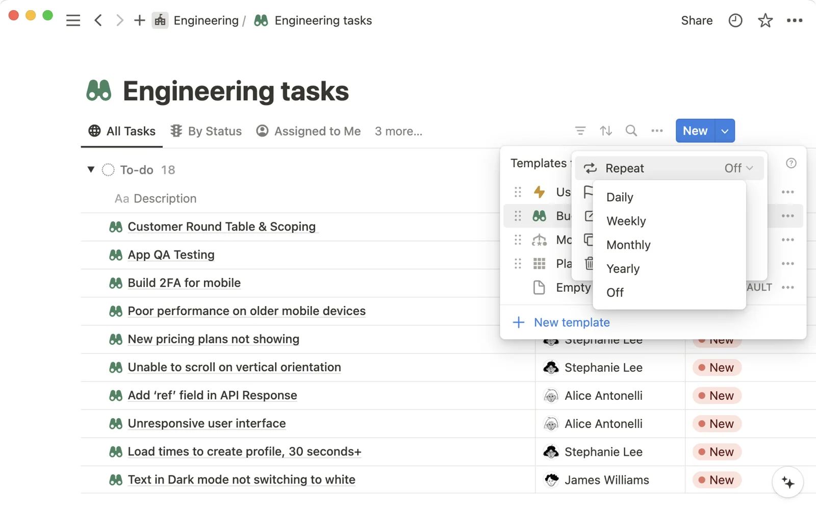 Notion task database with the Templates menu open and its Repeat submenu offering Daily, Weekly, Monthly, Yearly, and Off