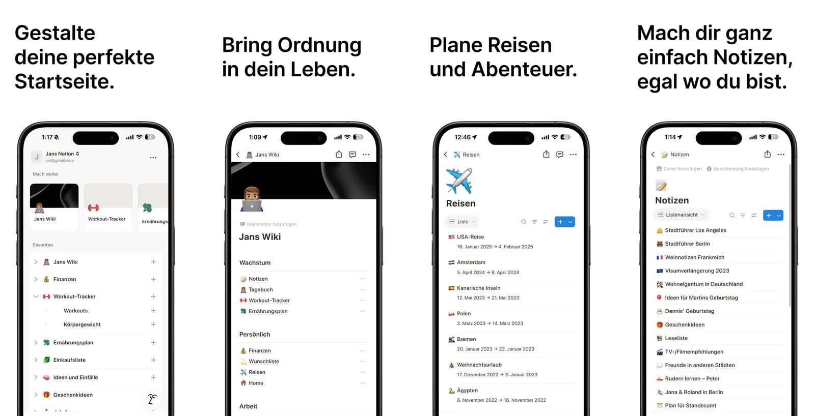 Vier iPhone-Bildschirme der Notion-App: Startseite, persönliches Wiki, Reisedatenbank und Notizenliste