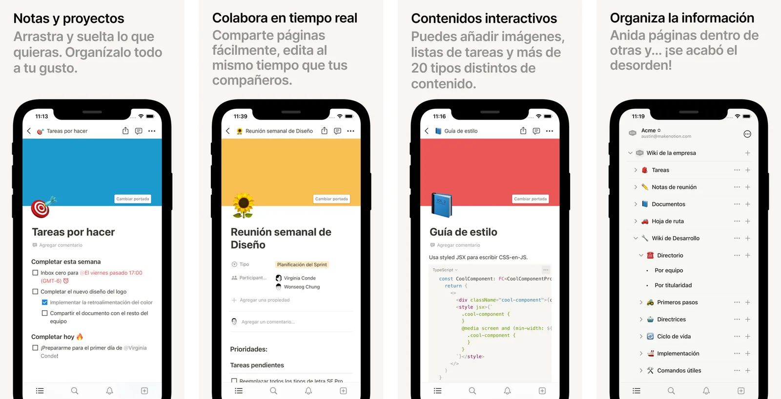 Cuatro pantallas de Notion en iPhone: una lista de tareas, las notas de una reunión de diseño, una guía de estilo con código y la wiki de una empresa