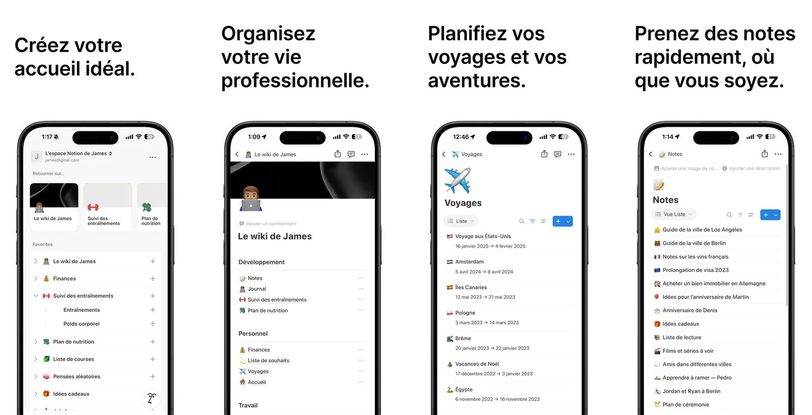 Quatre écrans de l’application Notion sur iPhone : page d’accueil, wiki personnel, base de données de voyages et liste de notes