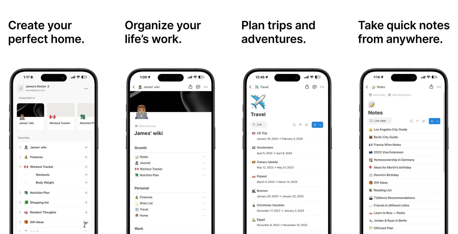 Four iPhone screens of the Notion app: a home page, a personal wiki, a travel database and a notes list