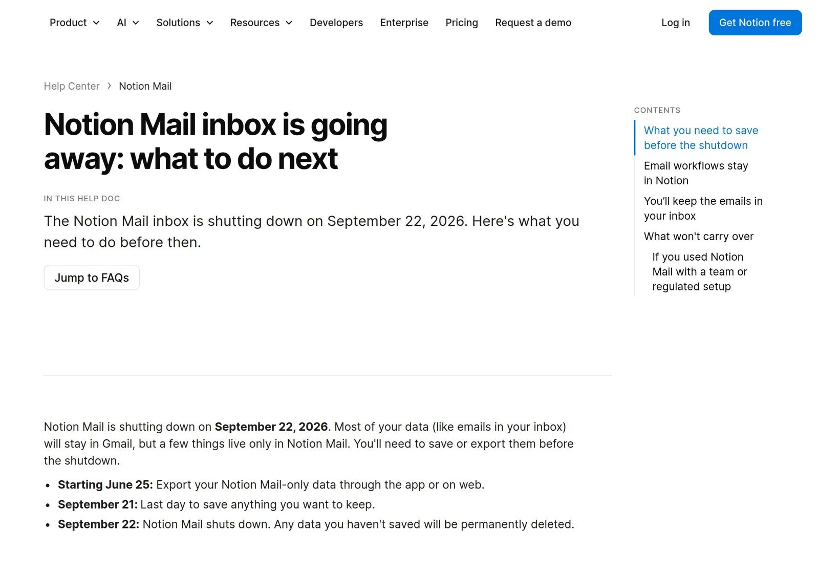 Notion help center article titled Notion Mail inbox is going away: what to do next, listing the June 25, September 21 and September 22 milestones