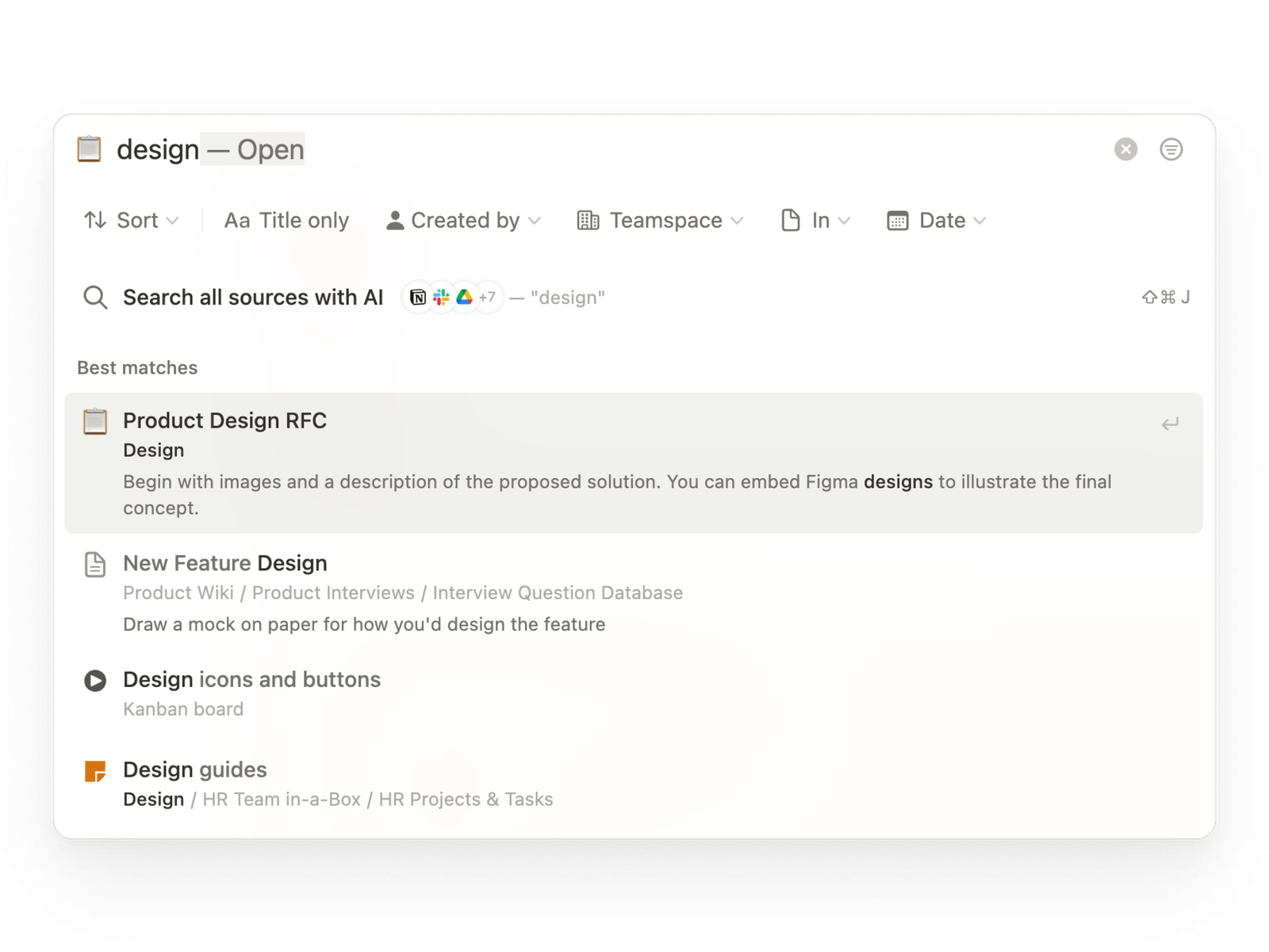 Notion search overlay with a Search all sources with AI row above results that show each page's breadcrumb path