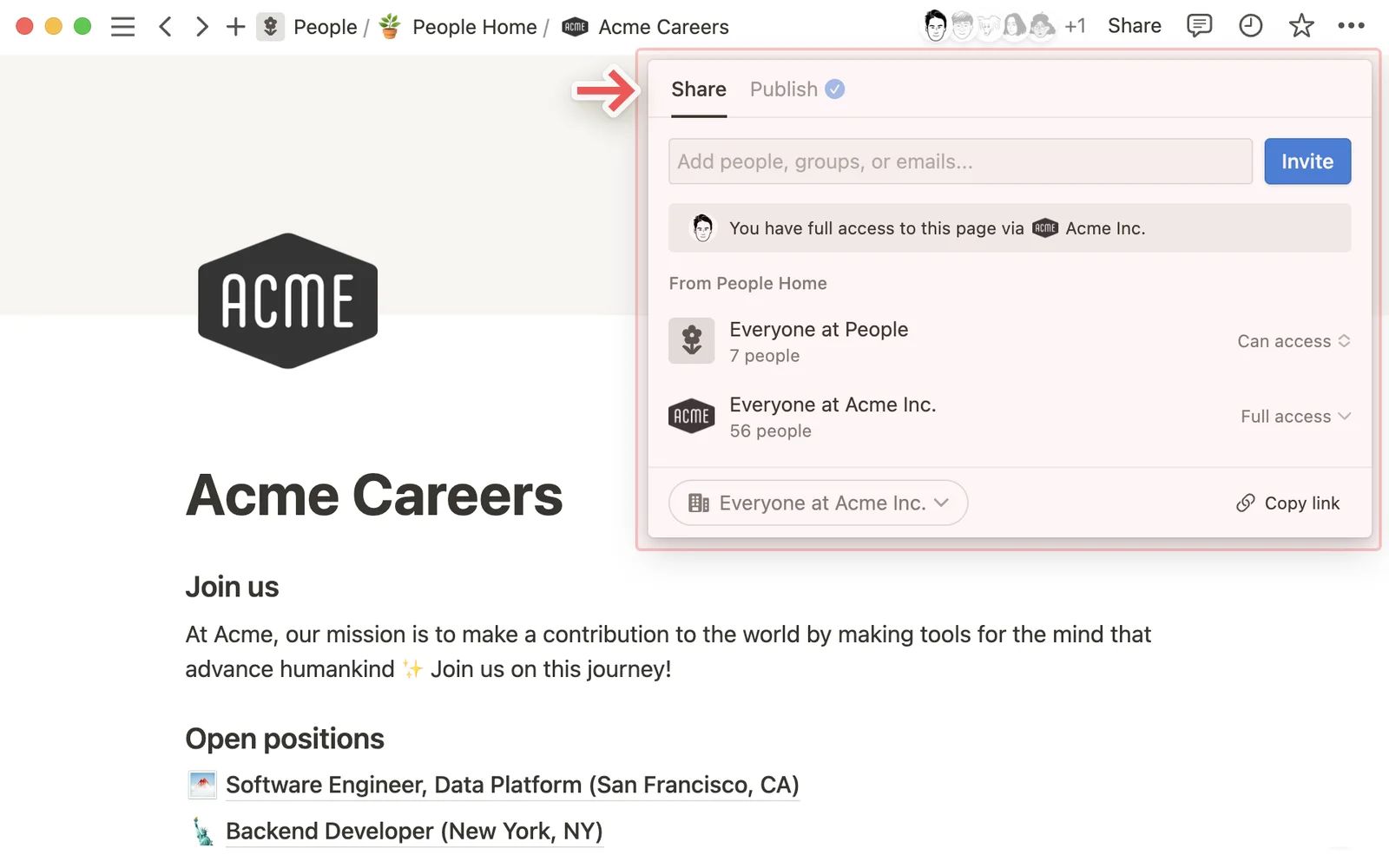 Notion's Share menu with Share and Publish tabs, an invite field, and access levels for a teamspace group and the whole workspace