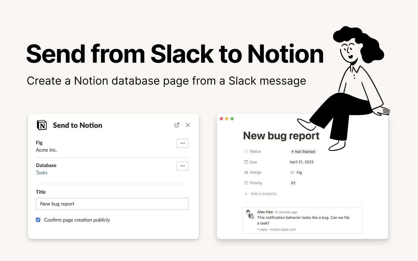 Slack向けNotionの「Send to Notion」アクションで、SlackのメッセージをNotionデータベースの新規ページに変える様子