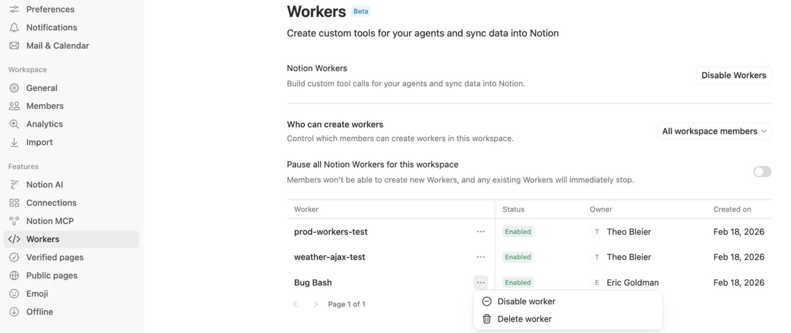Notion Workers admin settings showing a Disable Workers button, a Who can create workers dropdown set to All workspace members, a Pause all Notion Workers toggle, and a table of three deployed workers with Status, Owner and Created on columns.