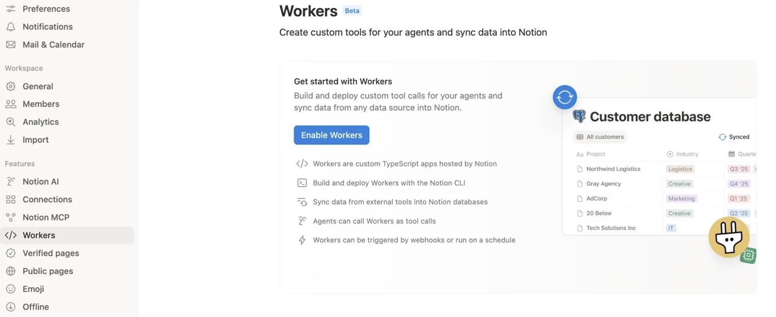 Notion settings panel with the Workers section selected in the sidebar, a Beta badge next to the heading, an Enable Workers button, and a bulleted list reading Workers are custom TypeScript apps hosted by Notion, Build and deploy Workers with the Notion CLI, and Sync data from external tools into Notion databases.