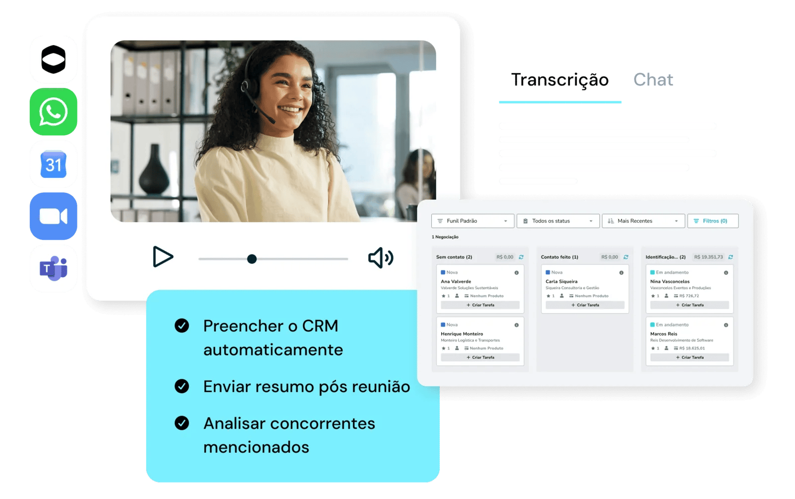 Funil de vendas do RD Station CRM com as colunas Sem contato, Contato feito e Identificação, cada negociação mostrando empresa e valor em reais, ao lado do painel de transcrição de reunião e dos ícones de WhatsApp, Google Agenda, Zoom e Teams