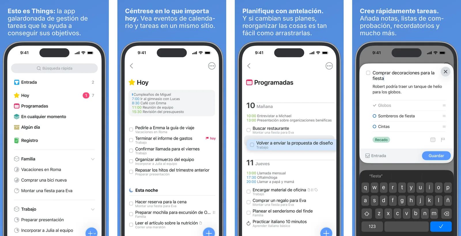 Cuatro pantallas de Things 3 en iPhone: la barra lateral con áreas y proyectos, la lista Hoy, la vista Programadas y una tarea nueva con lista de comprobación