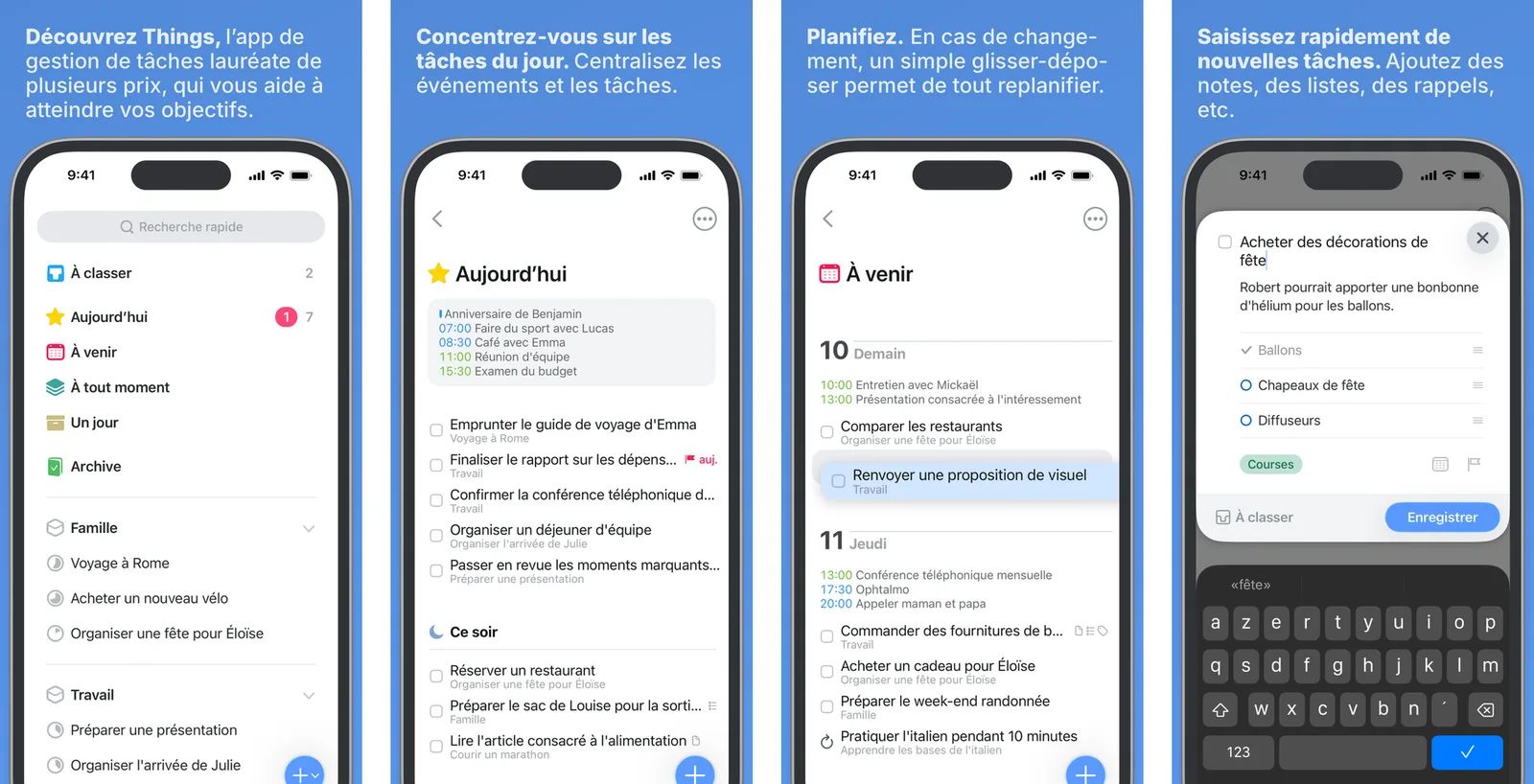 Quatre écrans de Things 3 sur iPhone : barre latérale avec domaines et projets, liste Aujourd’hui, vue À venir et nouvelle tâche avec liste de contrôle