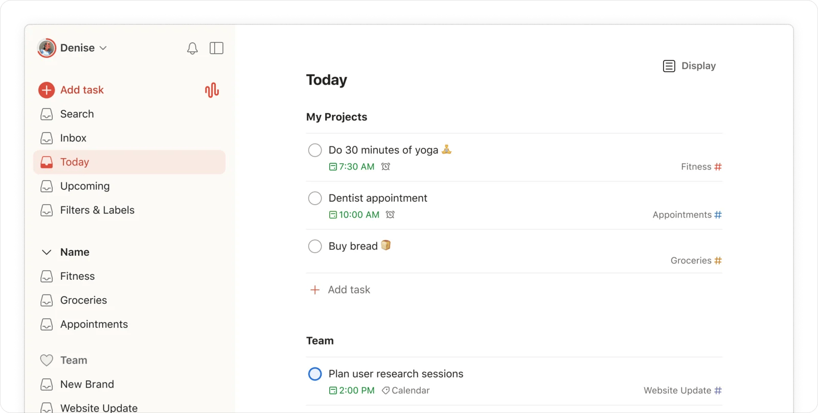 Todoist desktop app showing the Today view with tasks grouped by personal projects and team, each with a time, reminder, and project tag