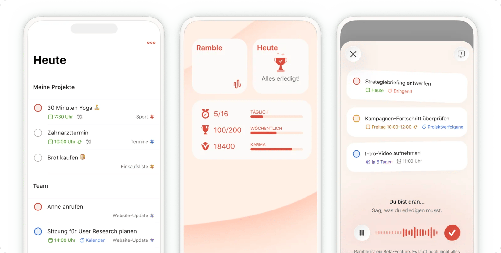 Drei Todoist-Bildschirme auf dem iPhone: die Liste Heute, ein Widget mit Ramble und Karma sowie Ramble, das Sprache in Aufgaben umwandelt