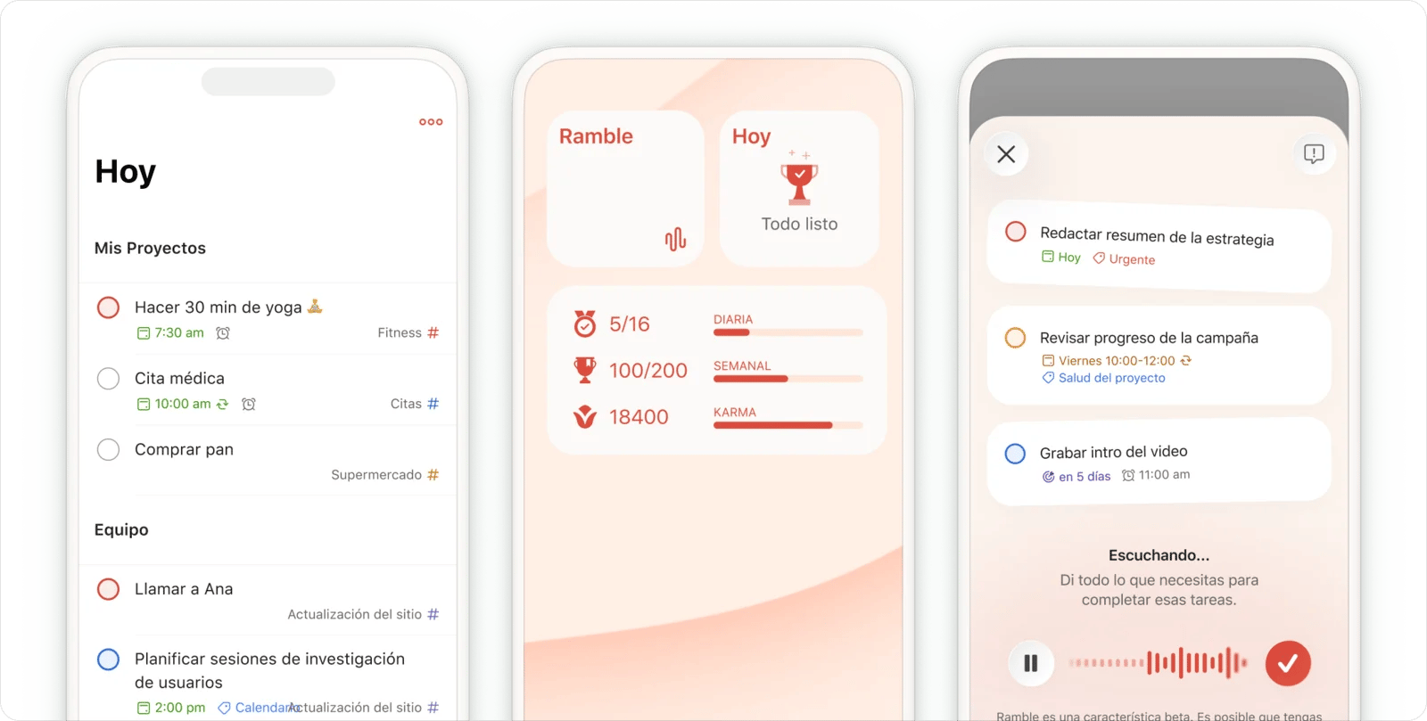 Tres pantallas de Todoist en iPhone: la lista de Hoy, un widget con Ramble y Karma, y Ramble convirtiendo la voz en tareas
