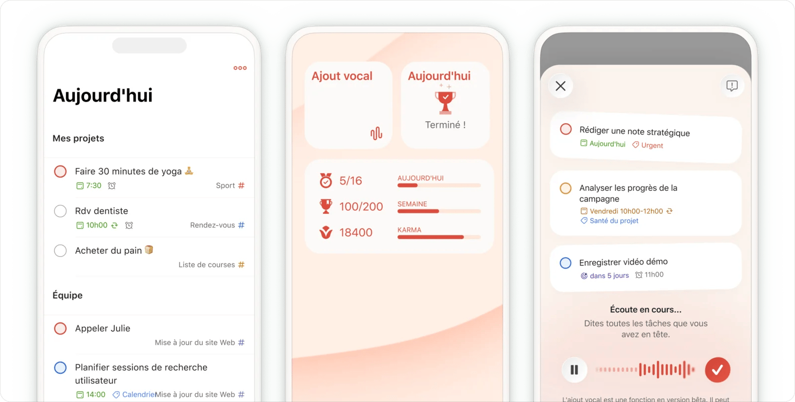 Trois écrans de Todoist sur iPhone : la liste Aujourd'hui, les widgets Ajout vocal et Karma, et l'ajout vocal (Ramble) qui transforme la voix en tâches