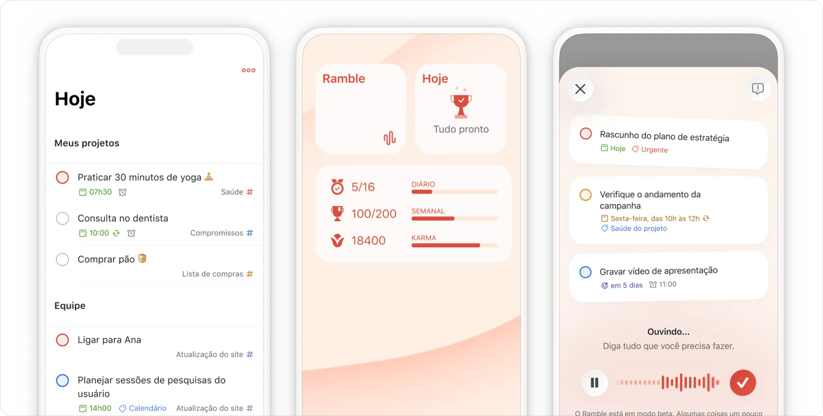 Três telas do Todoist no iPhone: a lista Hoje, um widget com Ramble e Karma, e o Ramble transformando a fala em tarefas