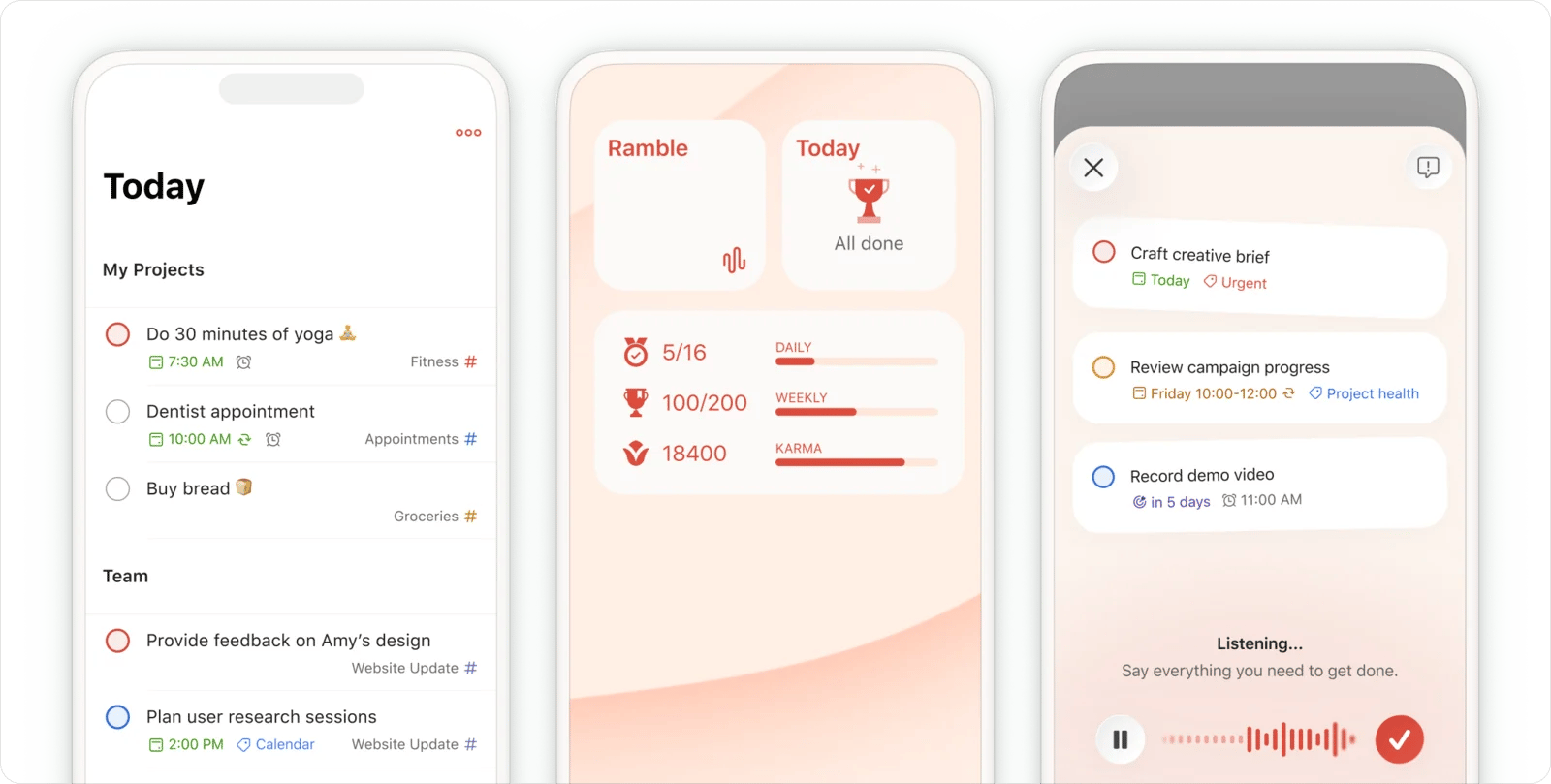 Three Todoist iPhone screens: the Today list, a Ramble and Karma widget, and Ramble turning speech into tasks
