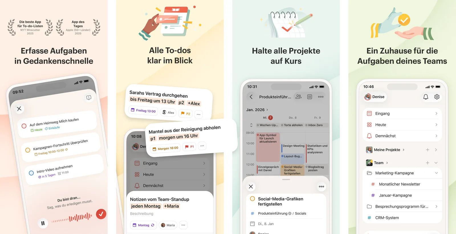 Vier iPhone-Bildschirme von Todoist: Spracheingabe mit Ramble, Aufgaben in natürlicher Sprache, ein Projektkalender und die Seitenleiste eines Teams