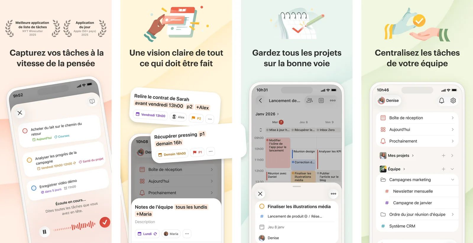 Quatre écrans de Todoist sur iPhone : saisie vocale avec Ramble, tâches écrites en langage naturel, calendrier d’un projet et barre latérale d’une équipe