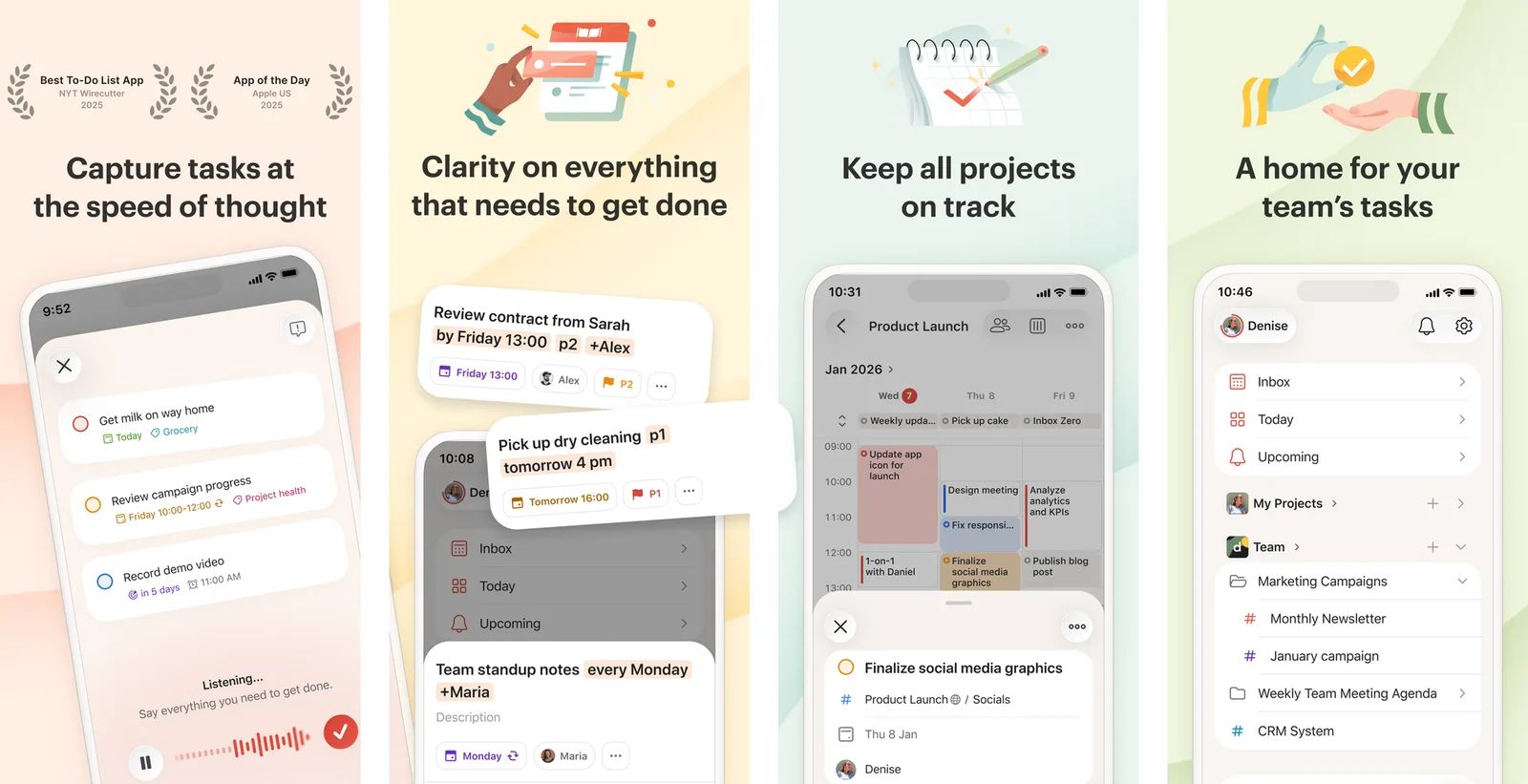 Four iPhone screens of Todoist: Ramble voice capture, tasks typed in natural language, a project calendar and a team sidebar