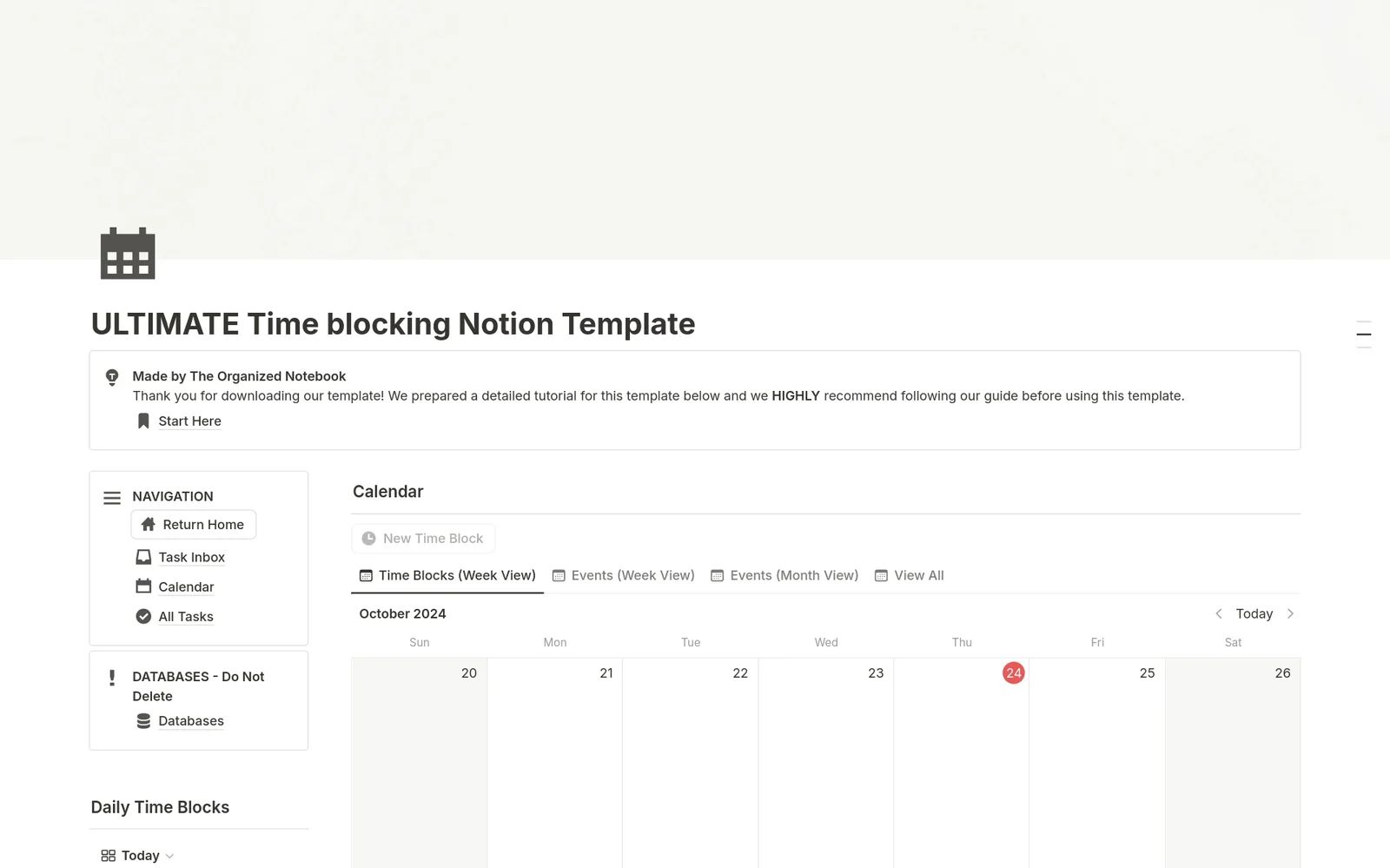 ULTIMATE-Time-Blocking-Planner-Vorlage von The Organized Notebook mit Kalenderintegration und mobiler Navigation