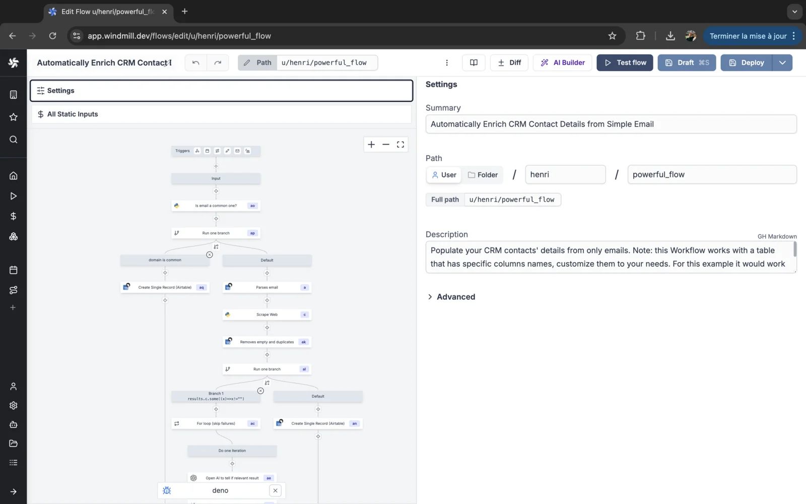 Windmill flow editor showing a CRM enrichment flow with Python and TypeScript steps, two branch points and a for loop, next to a Settings panel, with AI Builder and Test flow buttons in the toolbar.